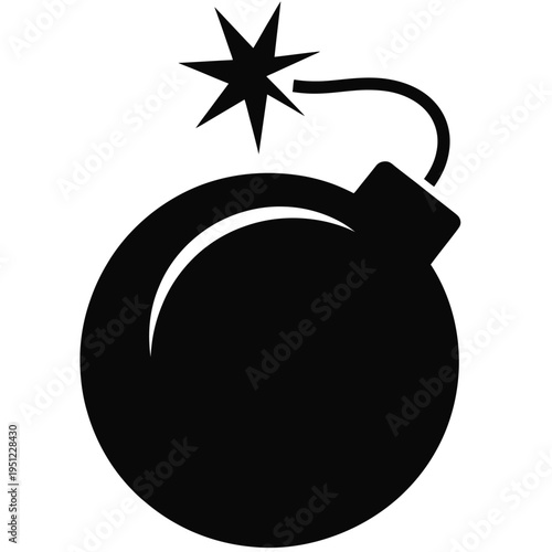 A stylized black and white illustration of a bomb with a lit fuse and starburst isolated on white background, Vector, illustration