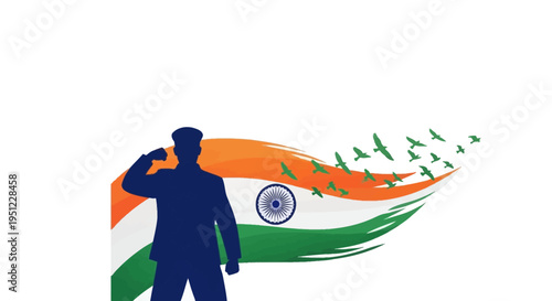 Patriotic illustration of a saluting silhouette man in front of a waving Indian flag with flying birds on Shaheed Diwas Martyrs Day