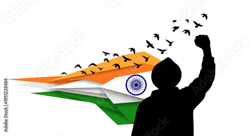A patriotic silhouette of a person with raised fist and birds flying out of an Indian flag design on Shaheed Diwas or Martyrs Day