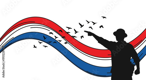 Patriotic illustration of a silhouette man releasing birds amidst waving Indian flag colors on Shaheed Diwas, symbolizing freedom and tribute