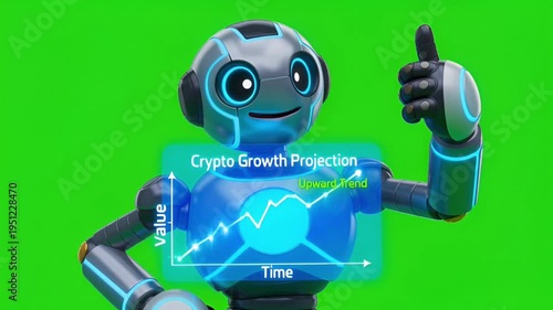 Robot displaying crypto growth projection chart with thumbs up animation