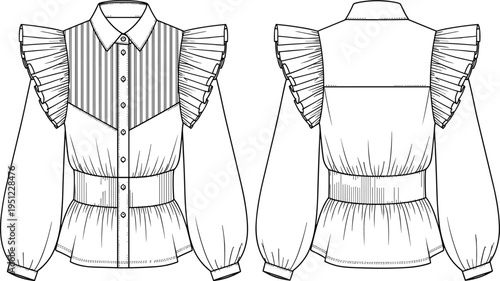 Technical fashion illustration of women’s blouse with puffed sleeves, pleated ruffle shoulders, collared neckline, and waistband, shown in front and back views.