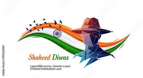 A patriotic illustration of a silhouette in a hat with a bird flying over the Indian flag on Shaheed Diwas Martyrs Day
