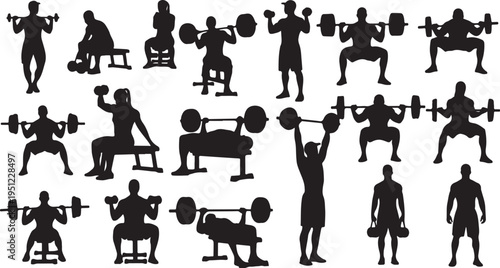 Silhouettes of people working out with weights and dumbbells
