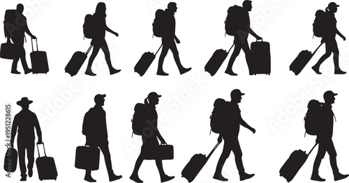 Travelers in silhouette walking with luggage in various poses
