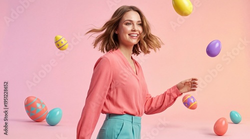 A woman smiles among colorful Easter eggs on a pastel background.  