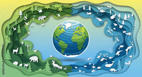 Earth surrounded by diverse wildlife and ecosystems symbolizing environmental conservation and biodiversity
