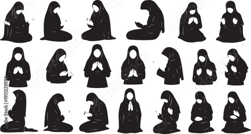Silhouette of woman in various prayer positions and postures