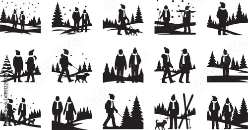 Silhouette of people walking in forest with dogs and trees