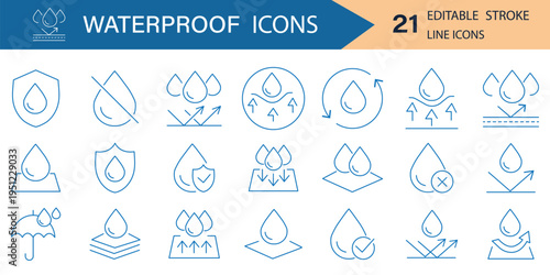 Waterproof vector line icon set. Contains linear outline icons like Water Protection, Water Resistant, Drops, Moisture, Anti Wetting Material, Hydrophobic, Weatherproof, Rain. Editable use and stroke