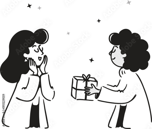A joyful woman receiving a special surprise gift from a friend in a charming black and white style