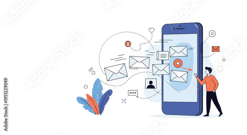 Modern digital communication concept with a man managing a stream of incoming and outgoing emails on a giant mobile device.