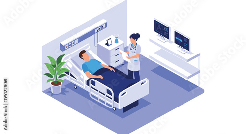 Caring female doctor attending to a male patient in a clean and well-equipped modern hospital room environment.