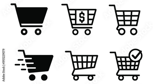 Shopping cart icon, black and outline vector symbols for e-commerce, online store, retail, checkout, buy now, add to cart, and payment basket, isolated on white background.