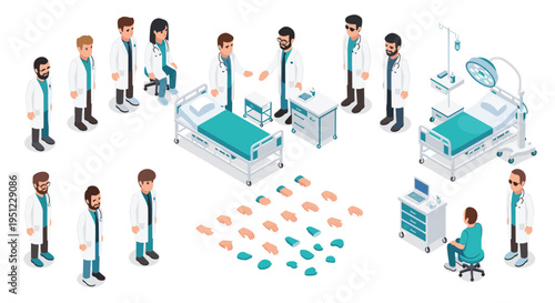 Comprehensive isometric medical character and equipment set featuring various doctors, surgeons, hospital beds, and hands.