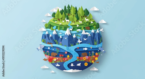 Earth's ecosystem with lush forest ocean and river showcasing biodiversity and natural harmony