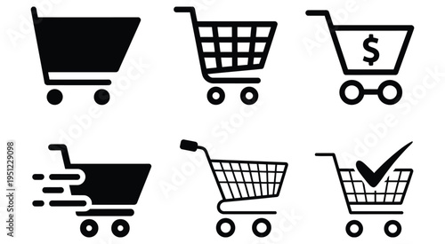 Shopping cart icon, black and outline vector symbols for e-commerce, online store, retail, checkout, buy now, add to cart, and payment basket, isolated on white background.