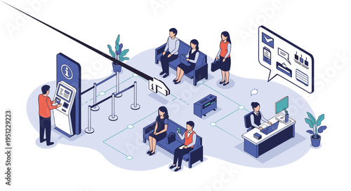 Modern isometric service center featuring a self-service information kiosk, a waiting area with seating, and a professional help desk.