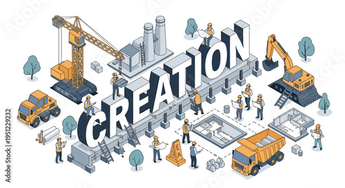 Creative isometric construction site scene where workers and machinery are collaborating to build the massive word creation.