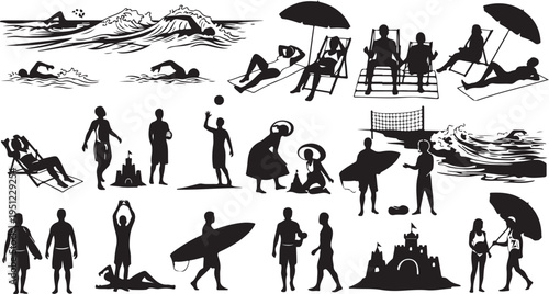 Beach Vacation Silhouettes of People Enjoying Summer Activities Together