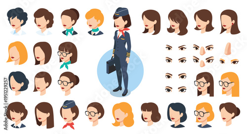 Extensive character creator kit featuring diverse female heads with various hairstyles, eye shapes, and accessories like glasses.