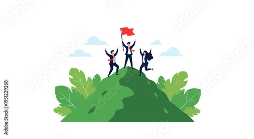 Successful business team celebrates reaching the summit of a green mountain while holding a red flag to represent achievement.