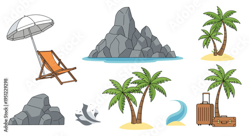 Collection of tropical vacation elements including a beach chair, umbrella, palm trees, luggage, and rocky mountains for summer design.