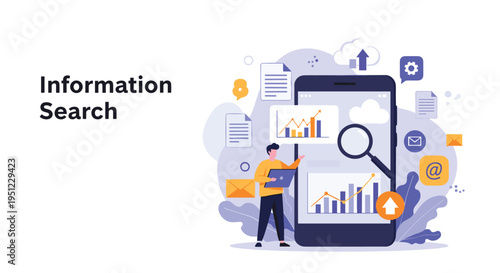 Person uses a laptop to search for information on a large mobile phone screen surrounded by business icons and data growth charts.