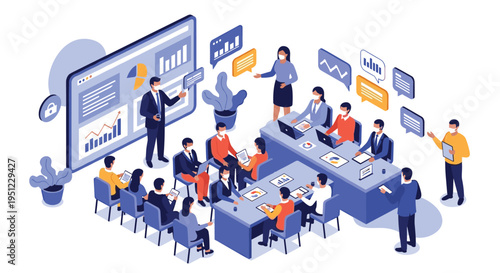 Diverse group of office employees wear protective face masks while attending a business presentation with data charts on a large screen.