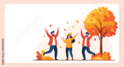 Group of three joyful friends jump and throw colorful autumn leaves in the air while playing near a large tree in a beautiful park.