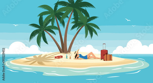 Relaxed woman sunbathes on a small tropical island with palm trees, luggage, and a drink while enjoying a peaceful summer vacation.