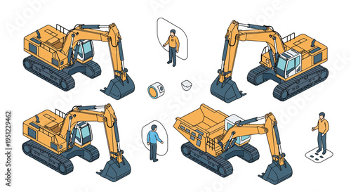 Collection of isometric heavy construction machinery including excavators and a dump truck with workers for industrial project design.