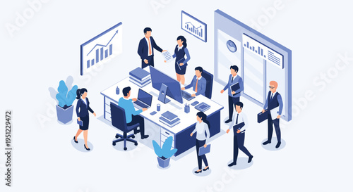 Busy isometric office scene with professional employees working at desks, walking through the hall, and analyzing business charts.