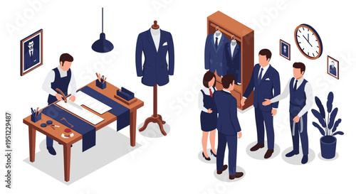 Professional tailors work in a boutique shop cutting high quality fabric and measuring a custom suit for a male customer's fitting.