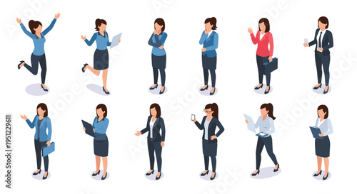 Collection of isometric businesswoman characters in professional attire showing a variety of gestures and actions for office scenes.