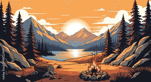 Peaceful camping site at sunset featuring a glowing campfire, a wooden log, and a view of mountains reflected in a calm lake.
