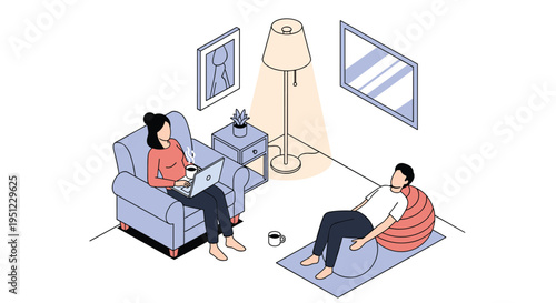 Couple relaxes at home in a modern living room with one person working on a laptop while the other exercises on a large fitness ball.
