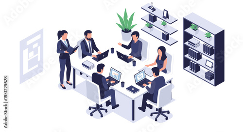Group of diverse business professionals collaborates during a productive meeting around a conference table in a modern office space.