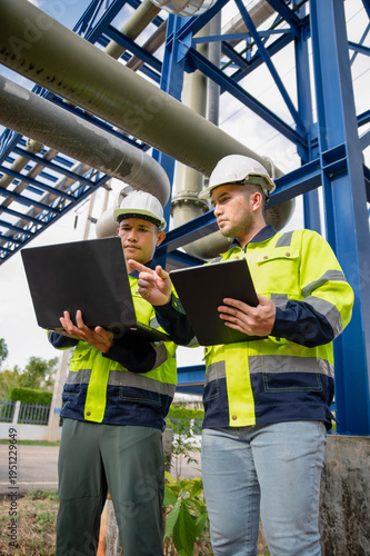Expert inspectors and engineers are working together to inspect for abnormalities in the large pipeline system at the industrial plant.