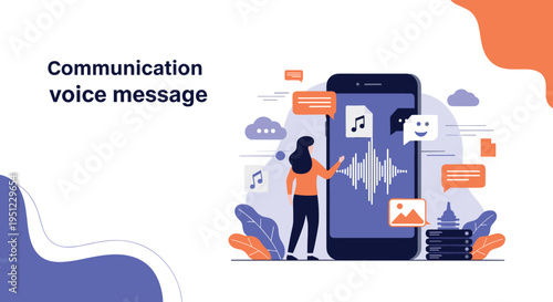 Communication concept showing a person interacting with voice messages and social media icons on a large purple smartphone screen.