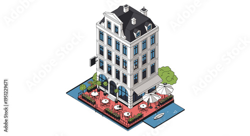 Isometric view of a classic European architectural style cafe building with outdoor dining tables, umbrellas, and a nearby canal.