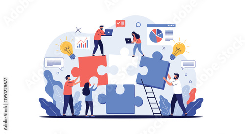 Team of creative professionals works together to solve a giant jigsaw puzzle representing business collaboration and problem solving.