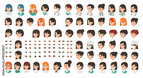 Massive grid of professional female medical worker avatars featuring different hairstyles, ethnicities, and surgical masks for healthcare.