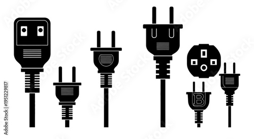 Various electrical plugs and sockets displayed in a black and white graphic