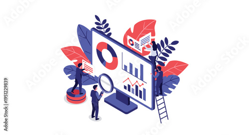 Team of business analysts works around a large monitor to visualize complex company data with colorful charts and infographic elements.