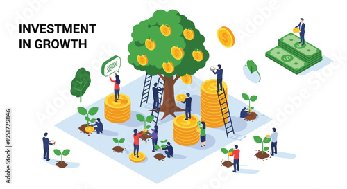 Isometric illustration of people planting and harvesting money from a gold coin tree, representing investment and financial growth.