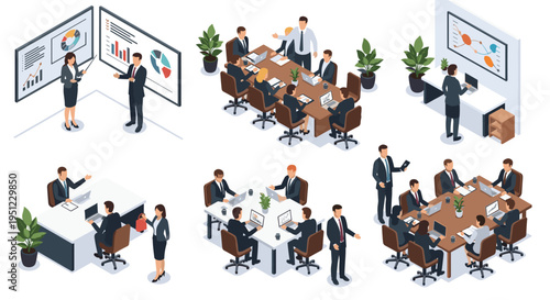 Collection of isometric business people in various office scenarios including meetings, presentations, and working at individual desks.