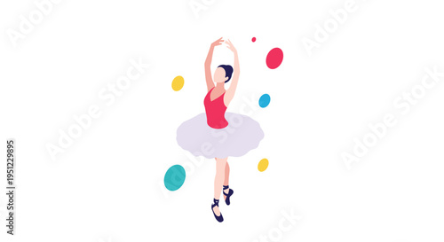 Elegant ballerina dancing in a white tutu with colorful abstract circles in the background, representing grace and performing arts.