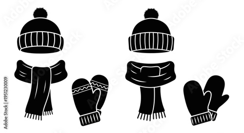 Black and white illustration of winter hats scarves and mittens