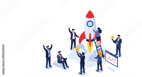 Creative business team working together around a rocket ship preparing for takeoff, representing a successful startup launch.